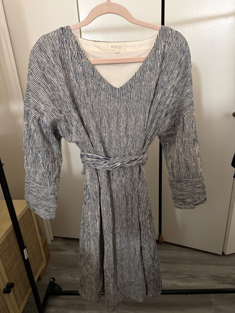 Roolee Navy and White Striped V-Neck Midi Dress with Tie Waist